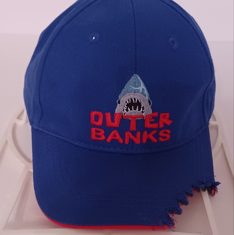 Kids JHAT Blue and Red Outer Banks Shark Cap Shark Teeth Design On Bill